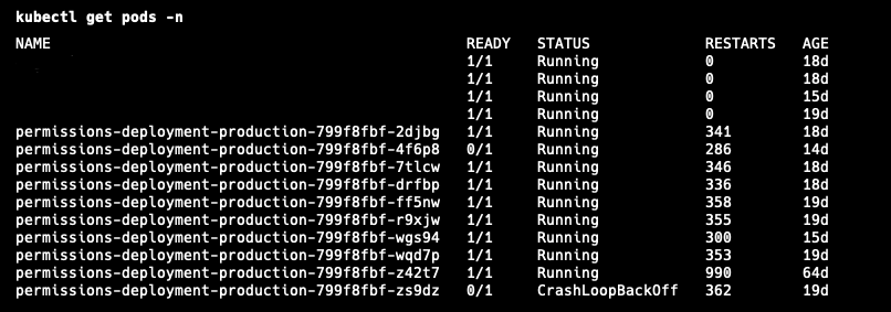 kubectl get pods output showing permissions deployment pods with hundreds of restarts and one in CrashLoopBackOff